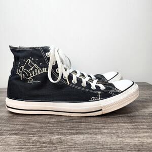 Converse Black High Top Sneakers Custom Embroidered Mountains Size 10 Art‎